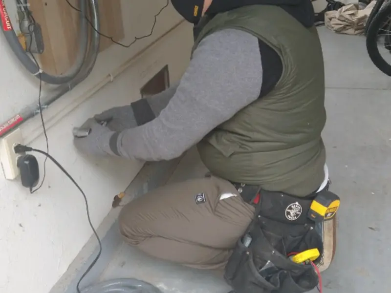 Electrician performing outlet wiring in a Broadview Heights garage